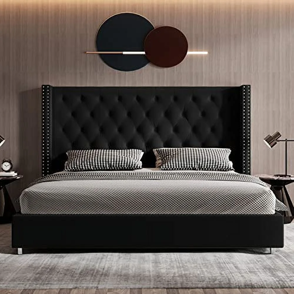 Vanacc Queen Bed Frame Upholstered Bed Wingback Headboard Velvet Tufted Diamond Button/No Box Spring Needed/Easy Assembly/Gray