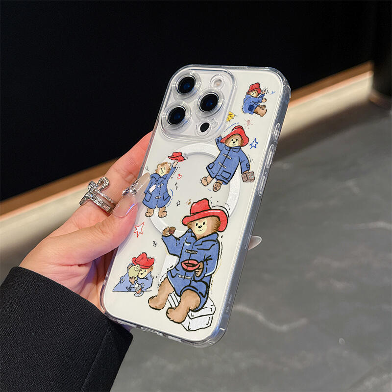 New Apple phone case, transparent magnetic bear phone case, cartoon bear red hat compatible with Apple 11, 12, 13, 14, 15, 16, 17 Pro and Pro Max models - wanlinfang