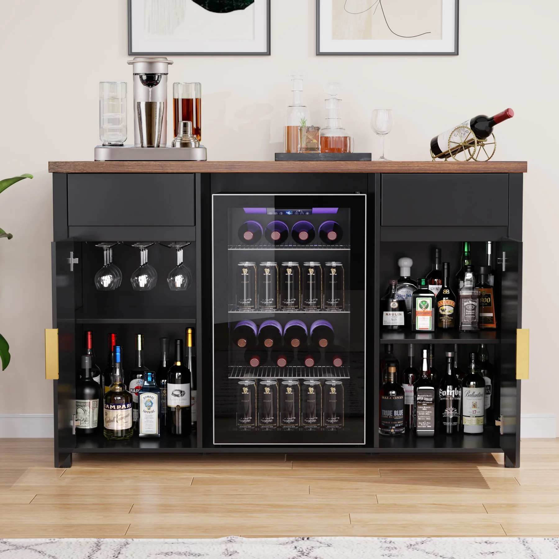 Coffee Bar Cabinet with Fridge Space, Mini Fridge Cabinetbuffet Sideboard53.2
