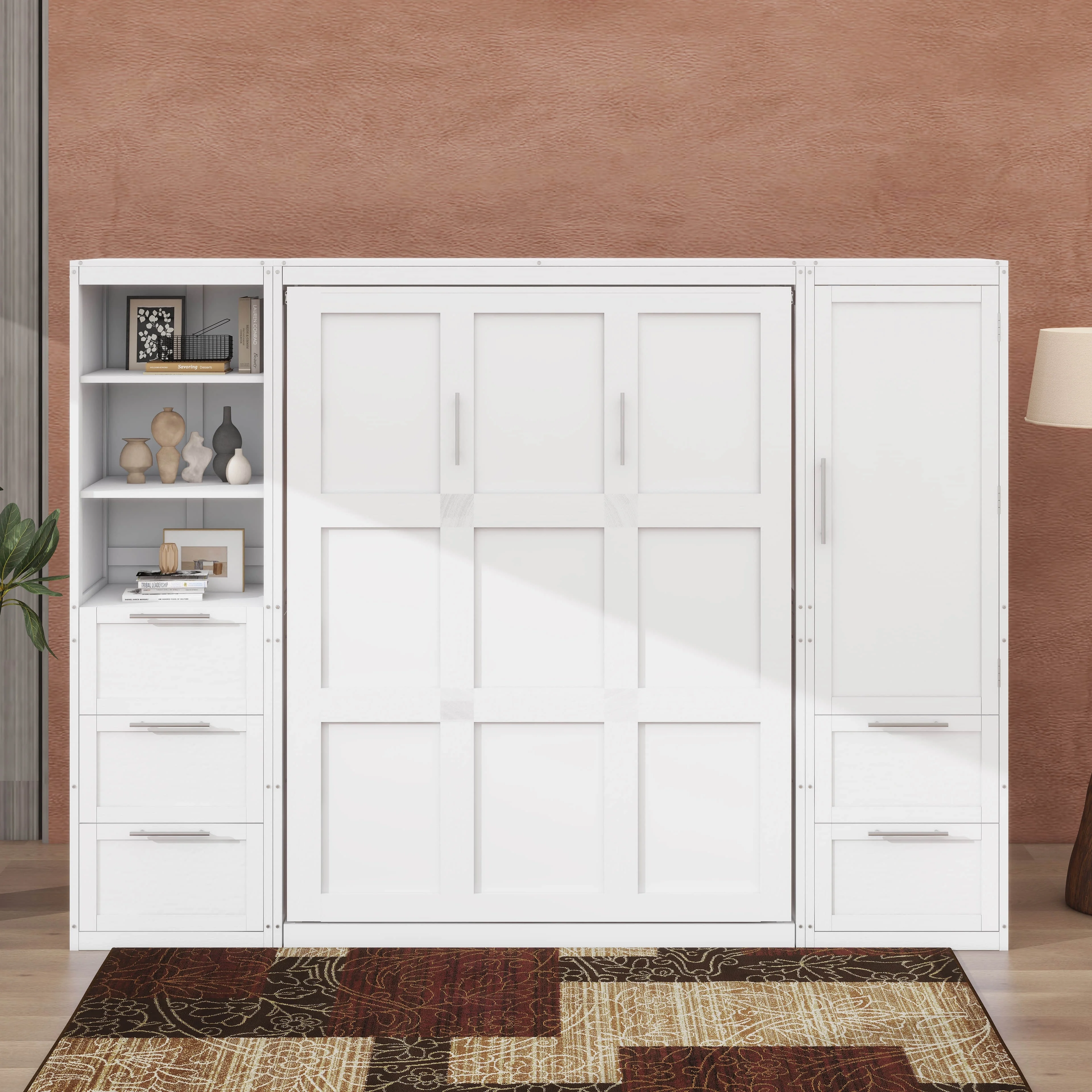 Queen Size Gray Murphy Bed Wall Bed with Closet,Drawers and Shelves(White) - Image 4