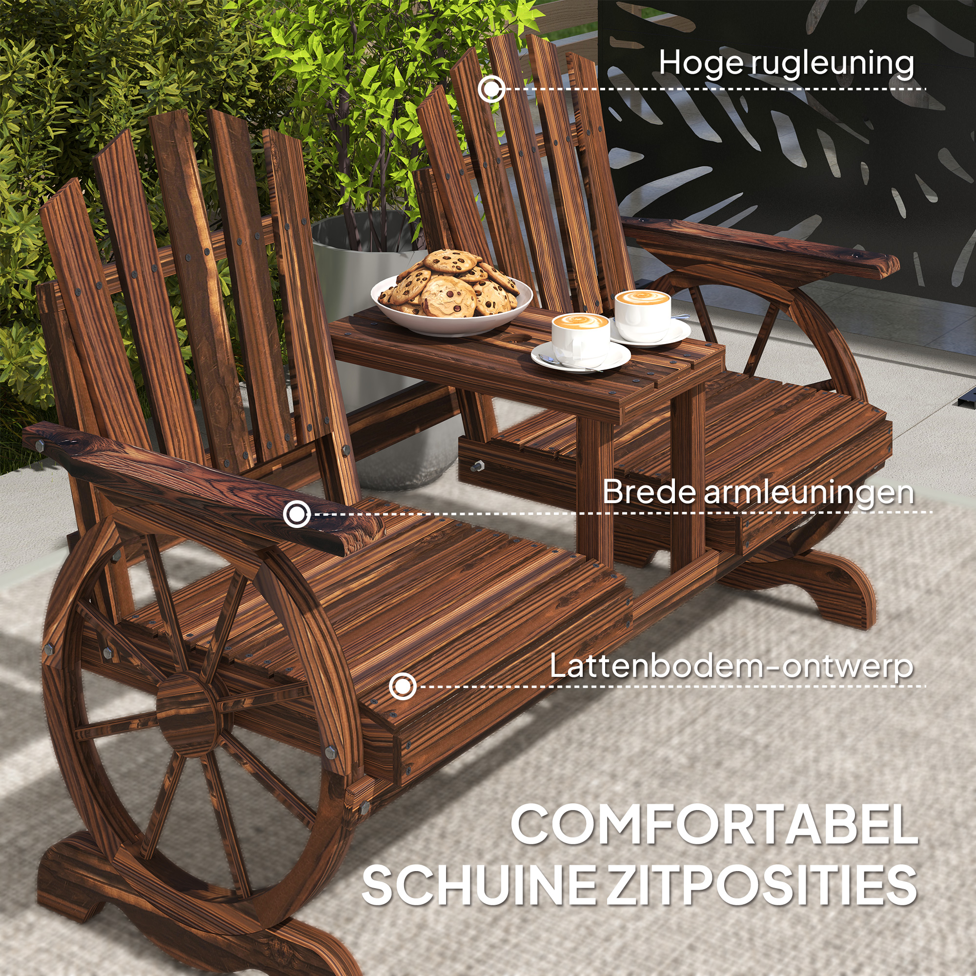 Outsunny Weerbestendige 2-Zits Houten Tuinbank met Paraplugat en Wagenwielpoten, 154 x 65 x 102 cm, Verkoolt