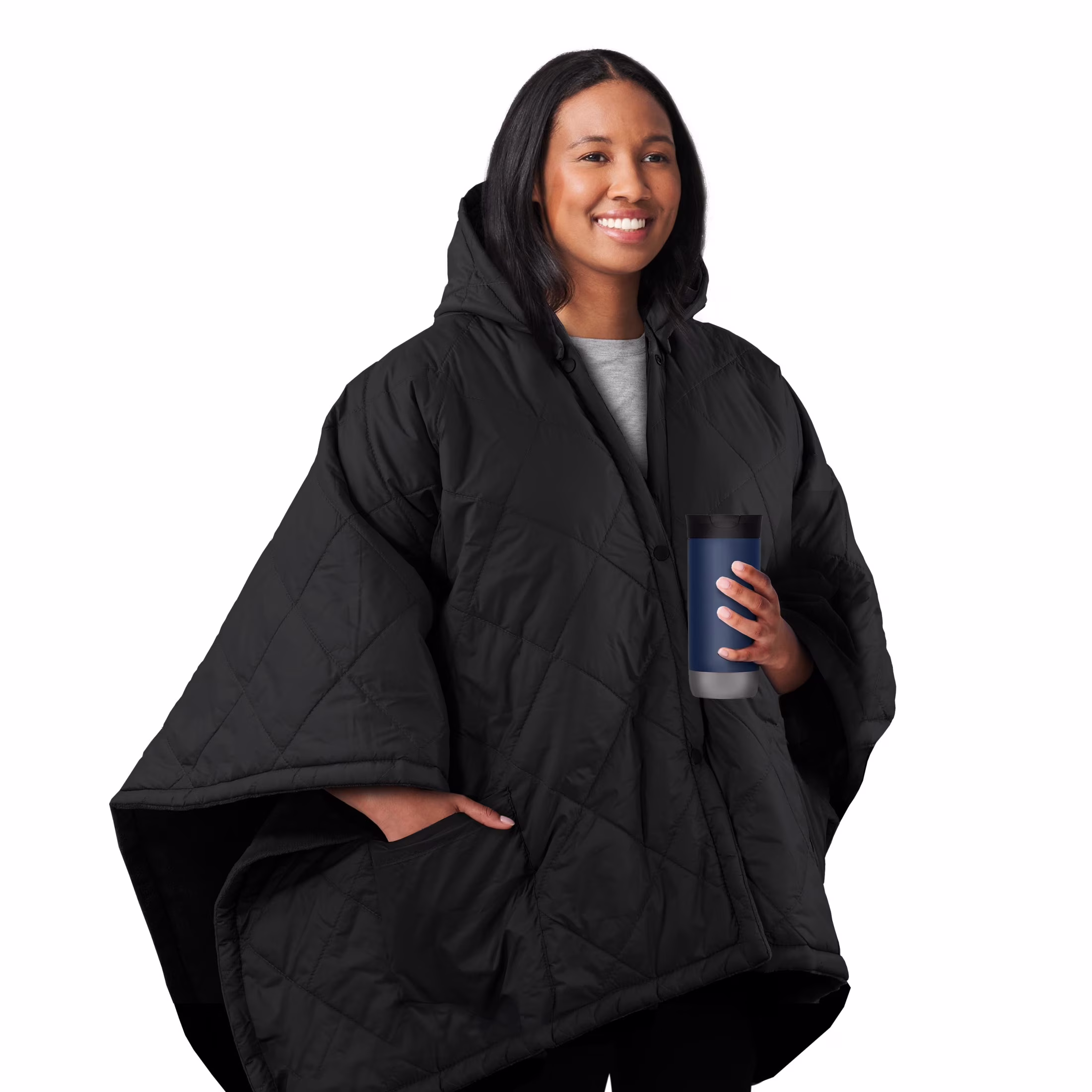 On-the-Go Cordless Heated Throw Blanket with Hood Black Nylon/Microplush 50x66(Black)