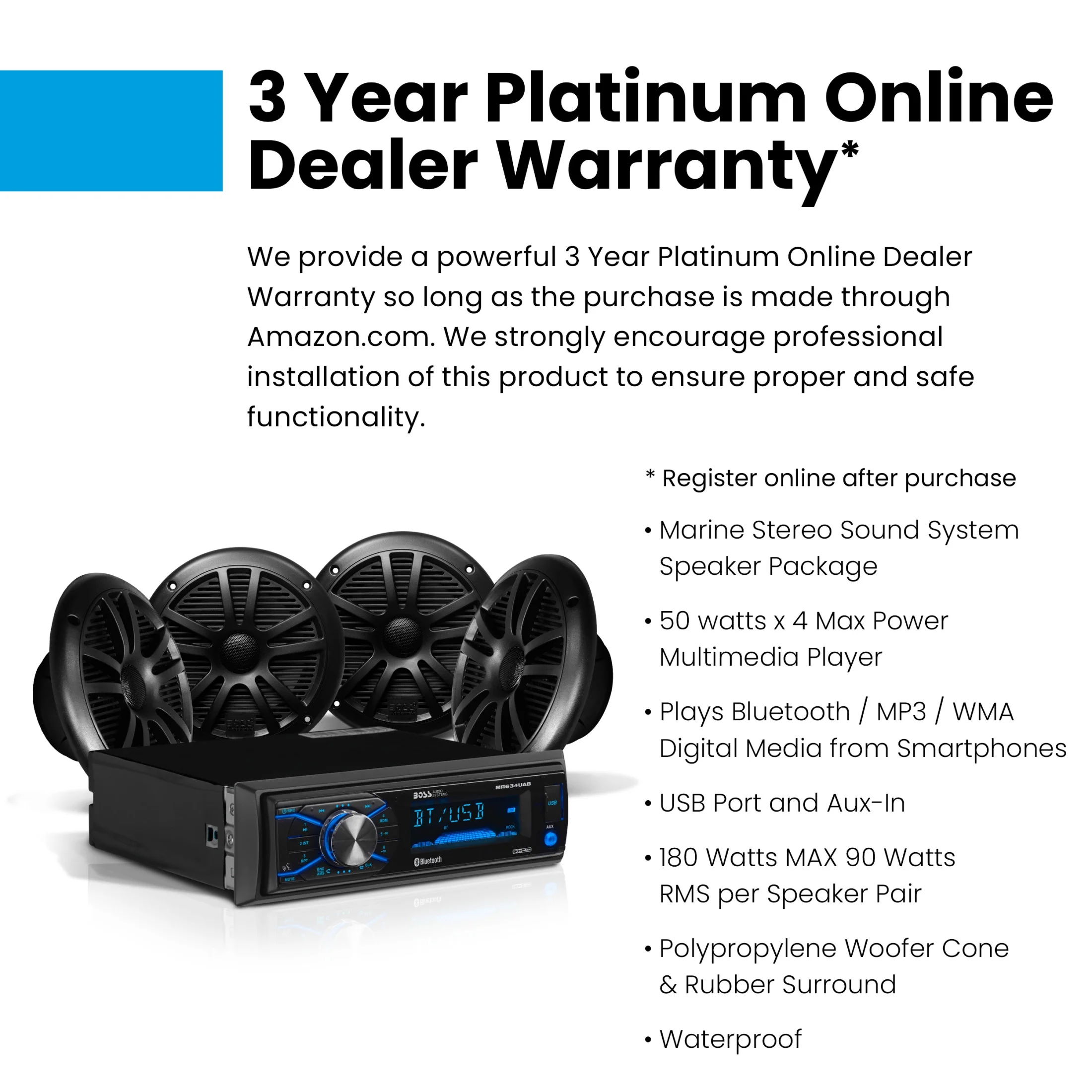 50W 4-Channel Single Din Marine Radio with Bluetooth, Black, MCBK634B.64(Black) - Image 6