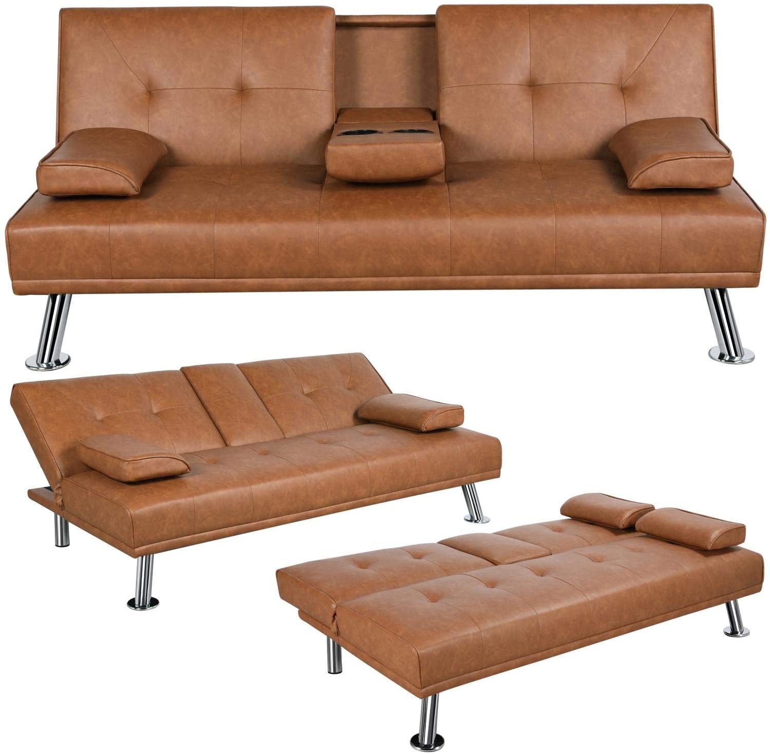 Canapé-lit d'appartement, canapé en similicuir avec accoudoirs, fauteuil inclinable, convient au salon et au studio, marron