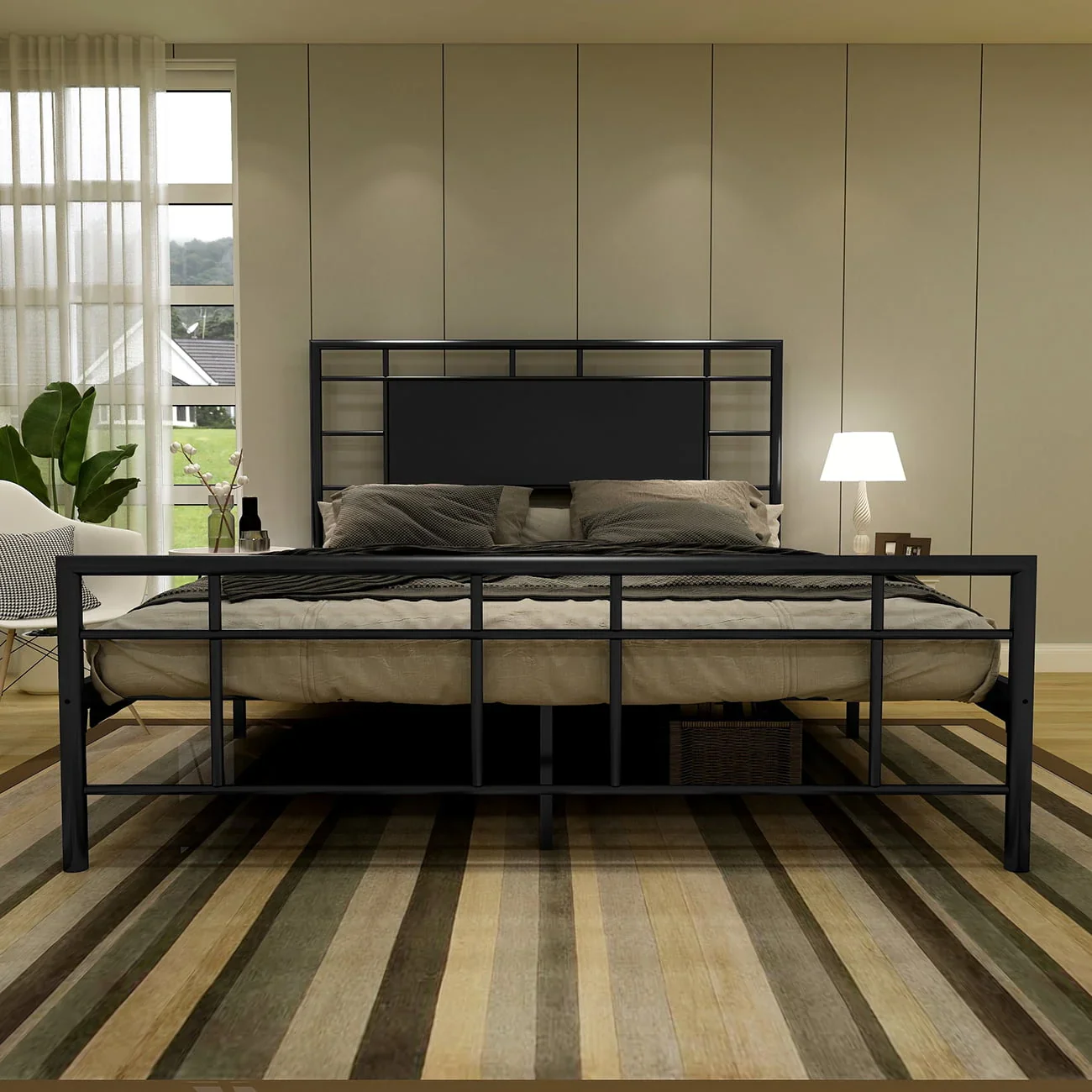 alazyhome Queen Size Adult Platform Metal Bed Frame, Metal Slat, Black