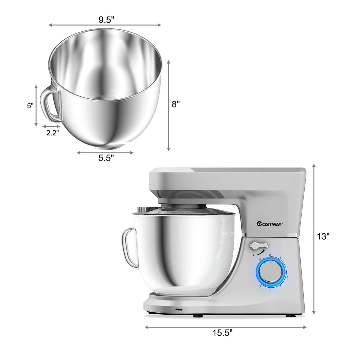 Costway Tilt - Head Stand Mixer 7.5 Qt 6 Speed 660W with Dough Hook, Whisk & Beater Silver