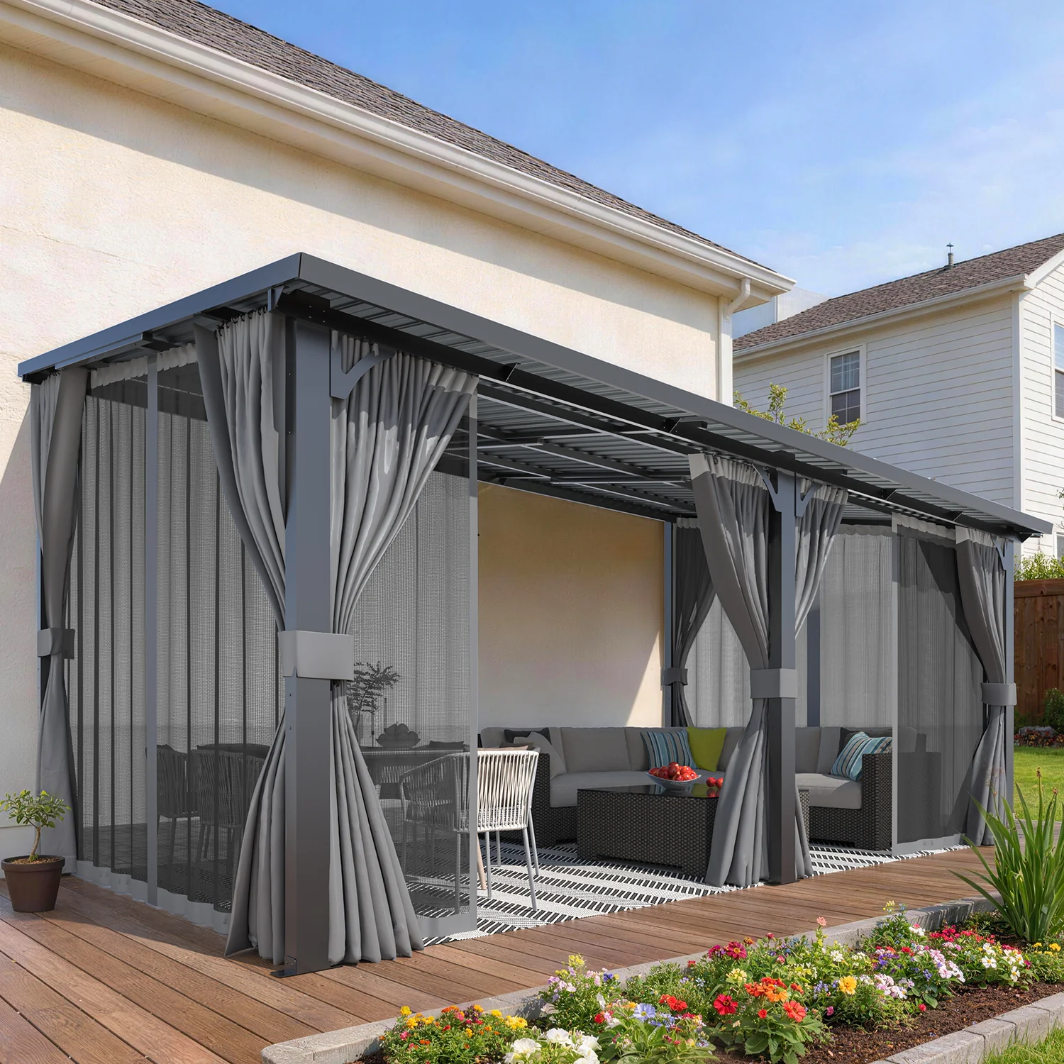 AECOJOY 16'x10' Outdoor Hardtop Metal Gazebo with Curtain and Netting