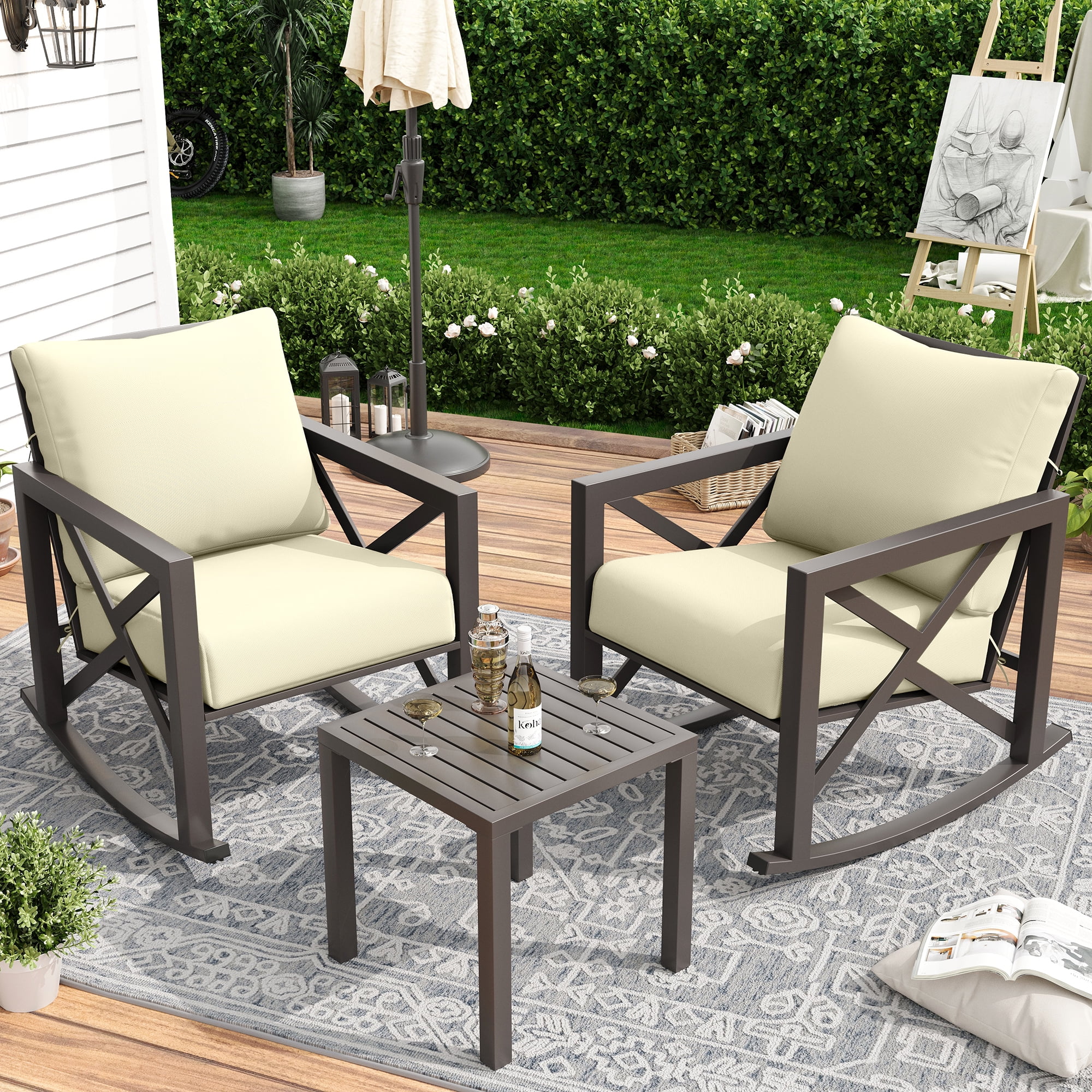 Rocking Chair Bistro Set,3 Piece Outdoor Patio Furniture Set with 2 Rockers and 1 Metal Coffee Table with Thick Cushions for Porch,Backyard,Poolside,Beige(Beige) - Image 8