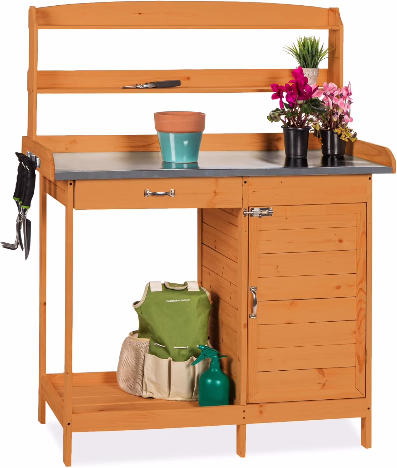 YUONAO Outdoor Garden Wooden Potting Bench with Metal Table Top, Pre-Stained Finish, Cabinet & Sliding Drawer �C Storage Shelf for Backyard, Patio, Garden Use