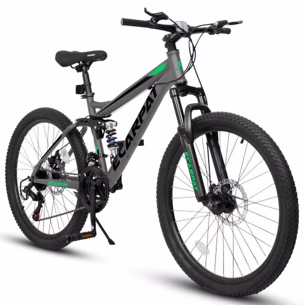 Raistyw 26 inch Mountain Bike for Womens, 21-Speed Full Suspension Bicycles with Disc Brakes, Black and Green