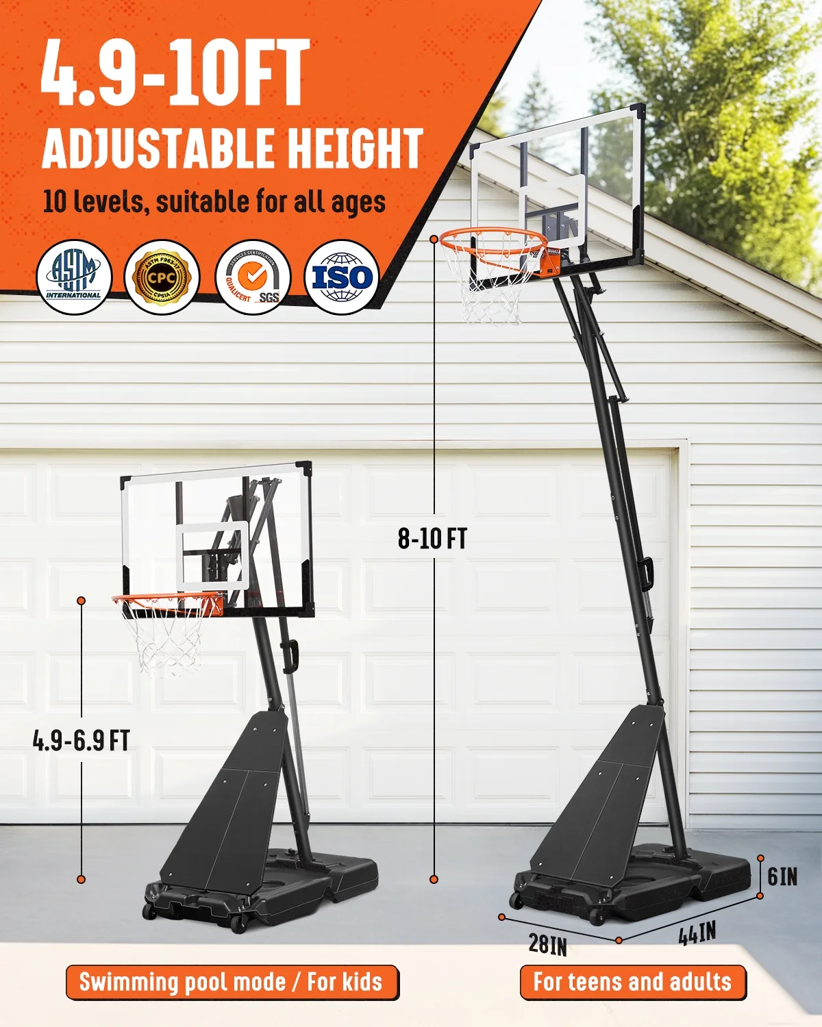 Basketball Hoop with 4 8 10 feet Height Adjustable for Kids/Adults, Portable Basketball Goal with 44 inch Backboard and 2 Wheels for Outdoor/Indoor Sports(Black) Image 8