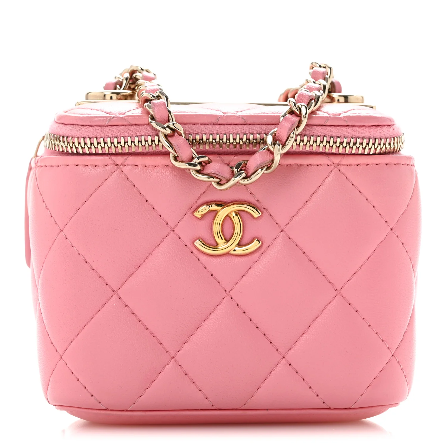Lambskin Quilted Trendy Mini Vanity Case With Chain Pale Pink