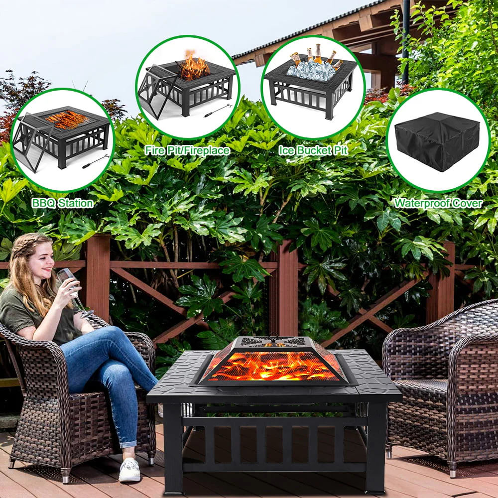 Wood Burning Fire Pits for Outside, 32 Square Iron Fire Pit Backyard Patio Garden Stove Wood Burning Fire Pit w/ BBQ Net, Waterprrof Cover, Mesh Screen Lid, Wood Grate, Poker, Durable Fire Pit