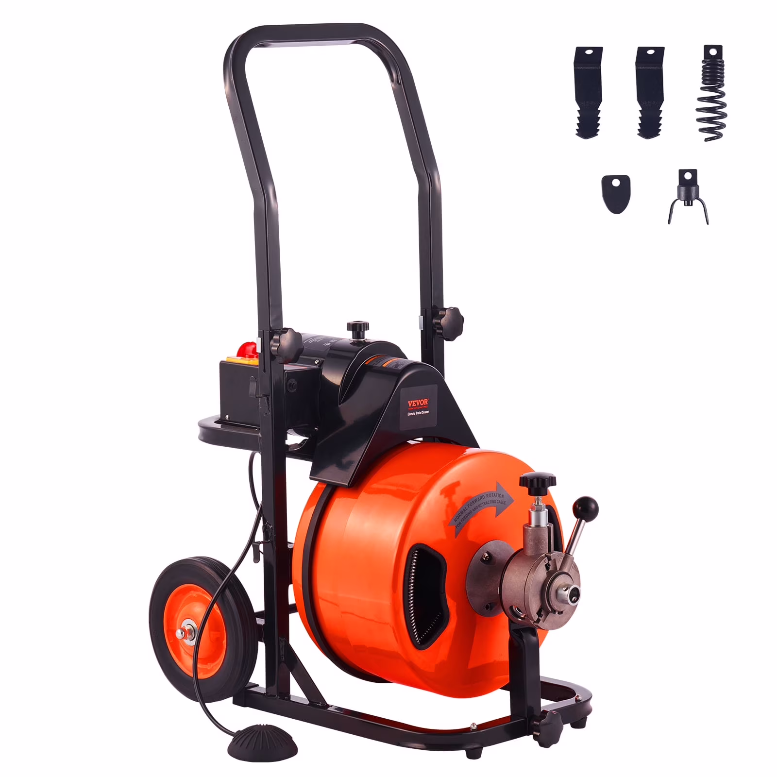 VEVOR Drain Cleaner Machine 100 FT x 1/2 in, Sewer Auger Auto Feed with 4 Cutter & Air - Activated Foot Switch for 1
