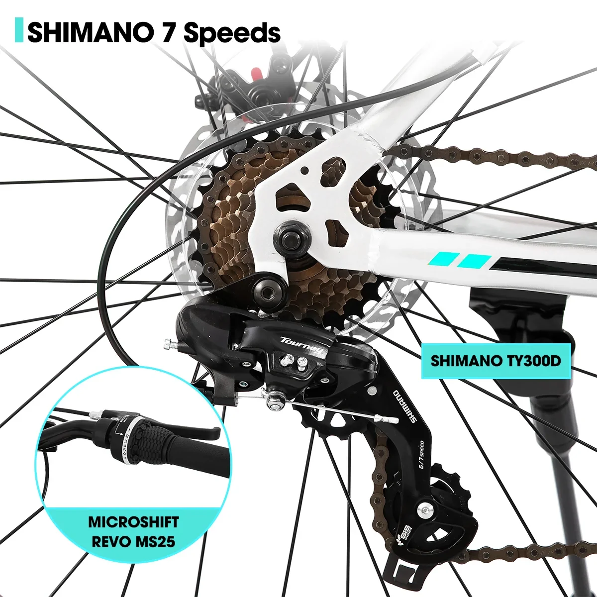 Hiland Fat Tire Bike, Shimano 7-Speed, Dual-Disc Brakes, 24 inch Trail Mountain Bike, Blue