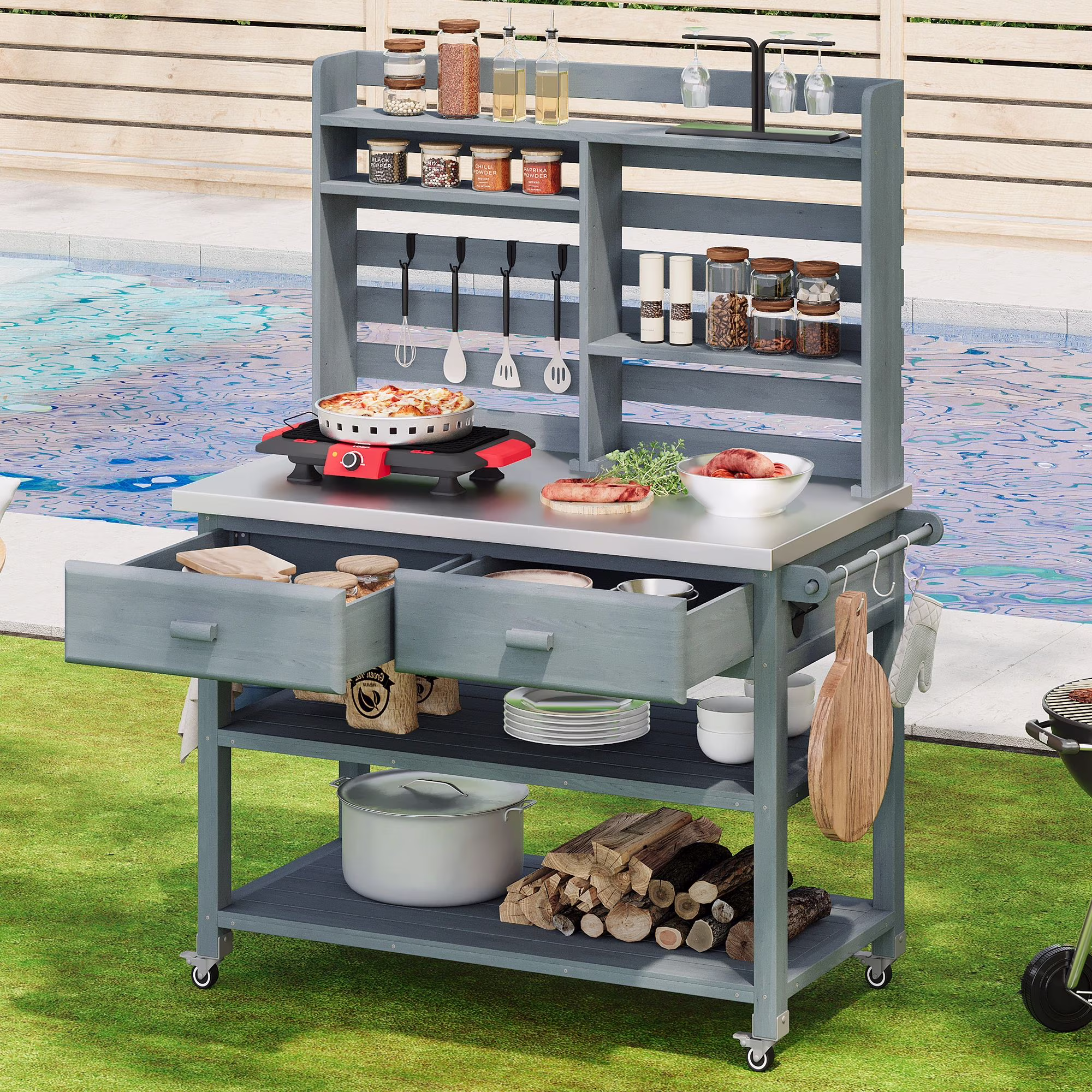 EUROCO 500LBS 64.9H Solid Fir Wood Potting Bench with Stainless Top & 4 Wheels,Large Modular Garden Work Table with 4 Hooks,Bottle Opener,4 Shelves and 2 Drawers,Outdoor Potting Table for Porch