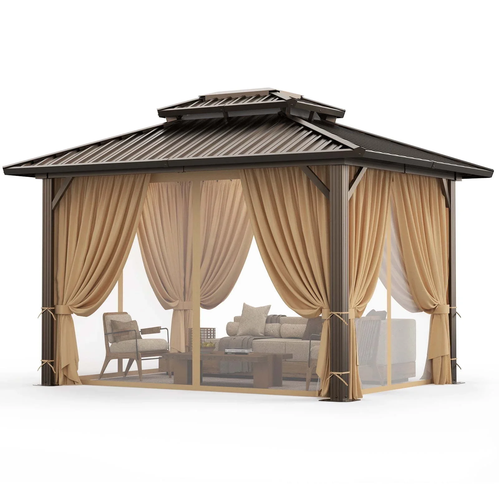 COBIZI 10x12 Hardtop Gazebo Aluminum Gazebos with Galvanized Steel Double Roof Metal Gazebo with Curtains and Netting Permanent Steel Gazebo for Backyard, Garden and Patio, Brown