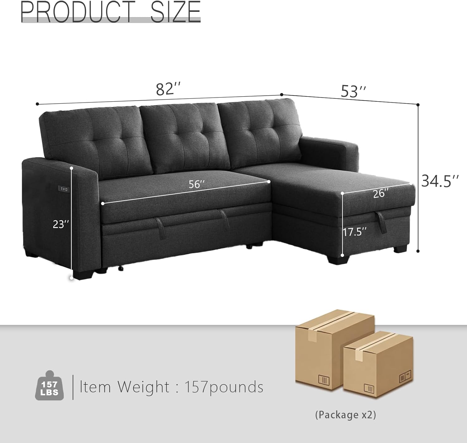Dreamzie L Shaped Sectional Sleeper Sofa with Storage Chaise, 3 Seater Pull Out Couch for Living Room, Convertible Sofa Bed Couch with Charging Ports for Apartment, Office - Dark Grey | Linen