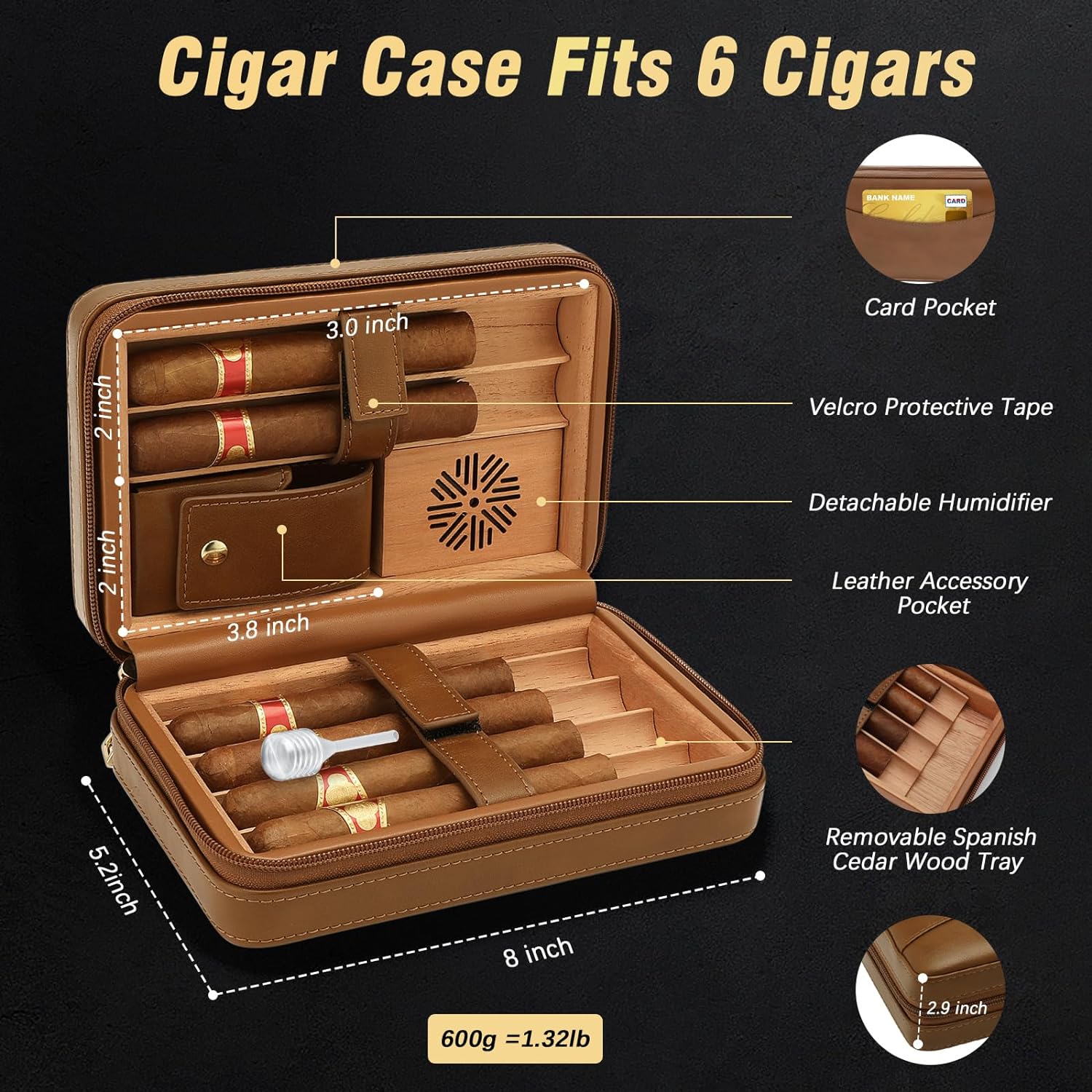 Cigar Humidor, Leather Cedar Wood Cigar Case with Cigar Lighter, V Cut Cigar Cutter, Cigar Holder 3 in 1, Portable Travel Cigar Humidor Box with Humidifier (Black)