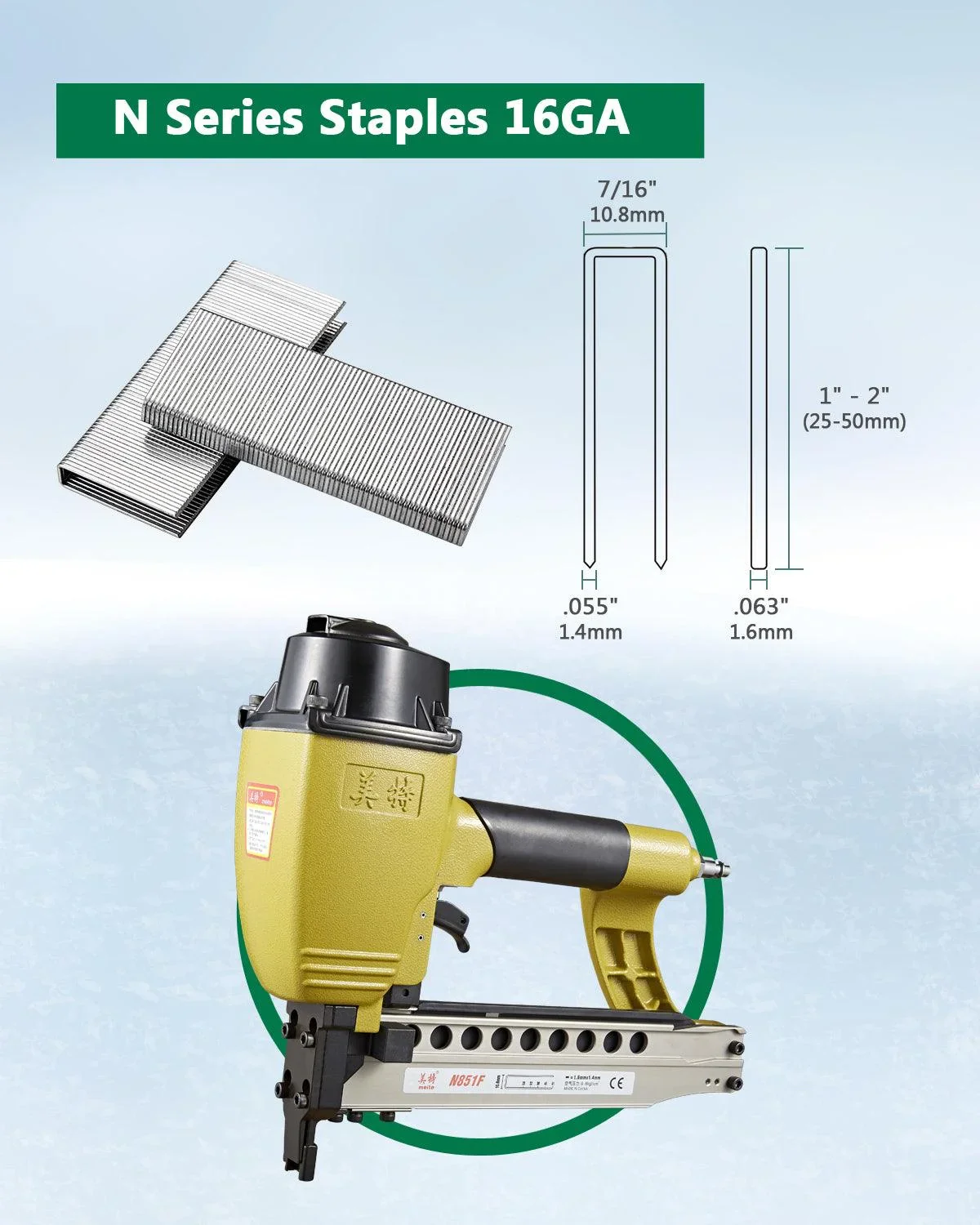 meite N851F Pneumatic Staple Gun 16 Gauge 7/16 Crown Sequential Nailing, Uses 16 GA 7/16-Inch Staples (1-Inch to 2-Inch)