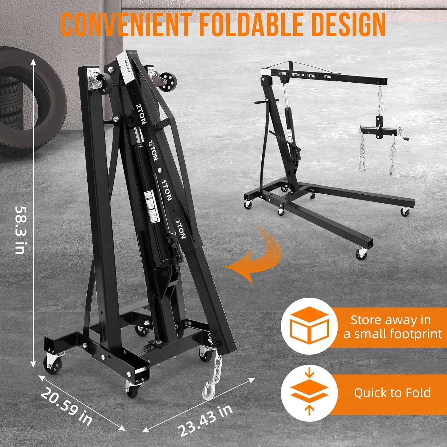 2 Ton Engine Hoist with Lever, 4000 lbs Heavy Duty Folding Cherry Picker Engine Lift Hydraulic Tilting Engine Shop Crane with 6 Iron Caster Wheels Telescopic Boom Hitch(Orange) - Image 5