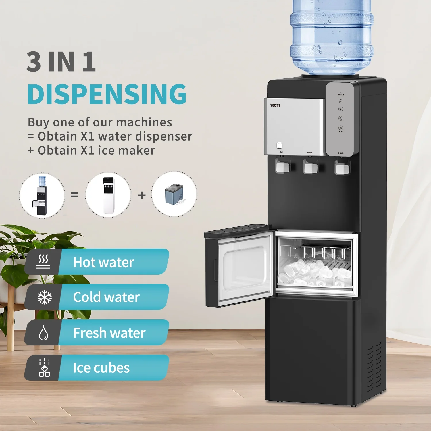 VECYS Ice Maker Water Dispenser, 27 lb Daily Ice & Child Lock