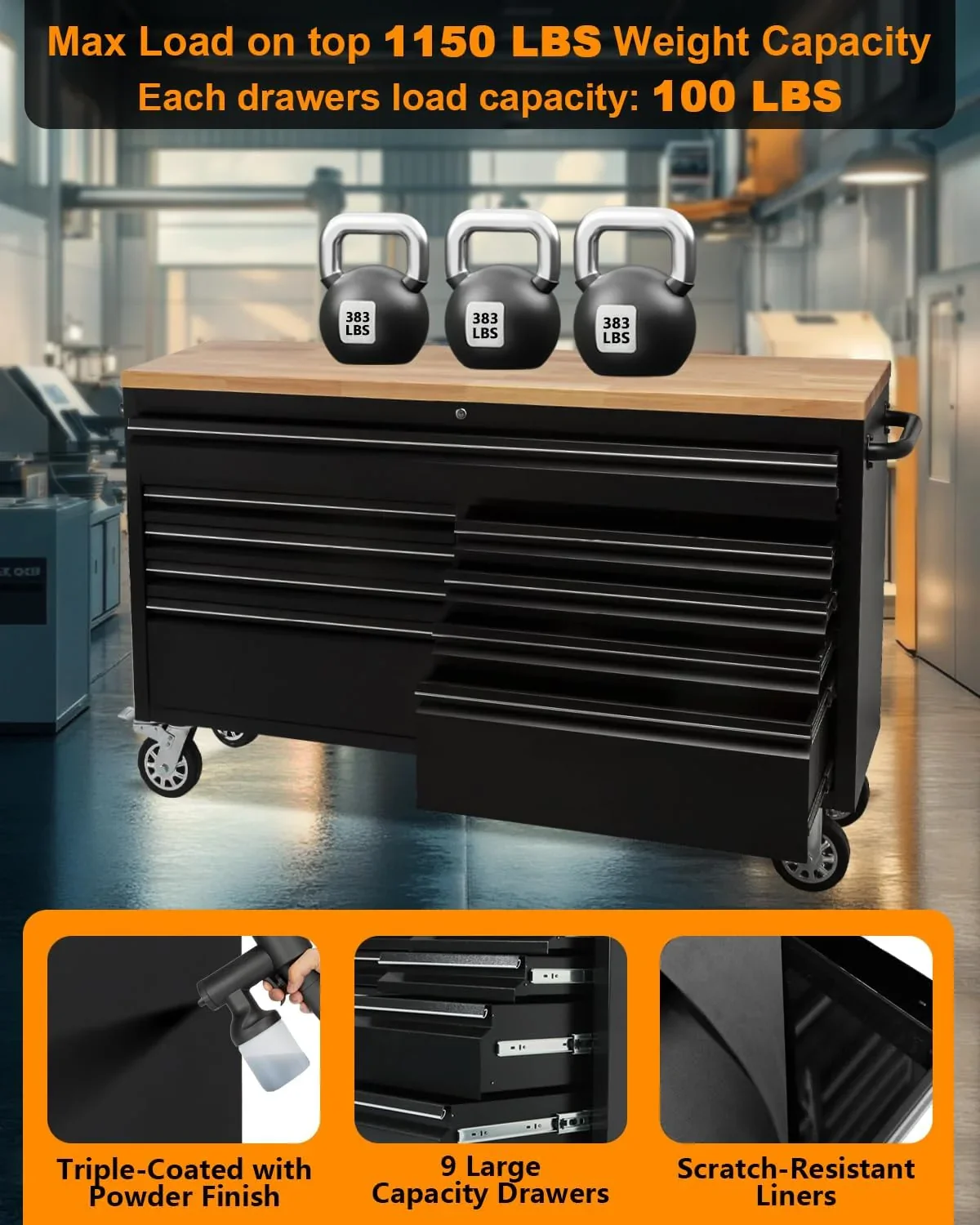 M optimized 61 Rolling Tool Chest with 9 Drawers, Lockable Tool Cabinet with Wheels, Mobile Workbench for Garage and Workshop Storage, Large Rolling Tool Chest