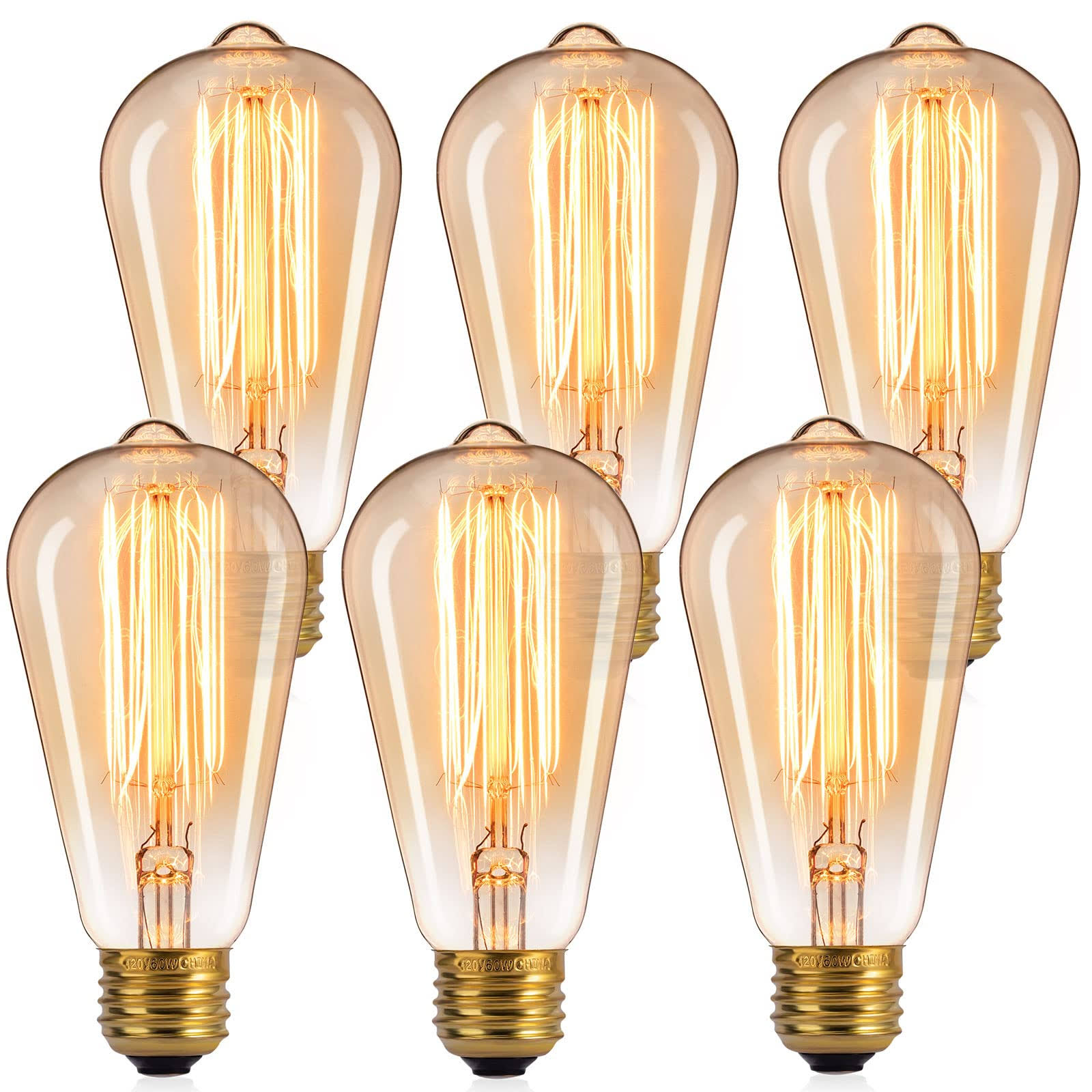 Brightown Edison Light Bulbs 6pcs Vintage 60 Watt Incandescent Light Bulbs E26 Base Dimmable Decorative Antique Filament Light Bulbs 252 Lumens Amber
