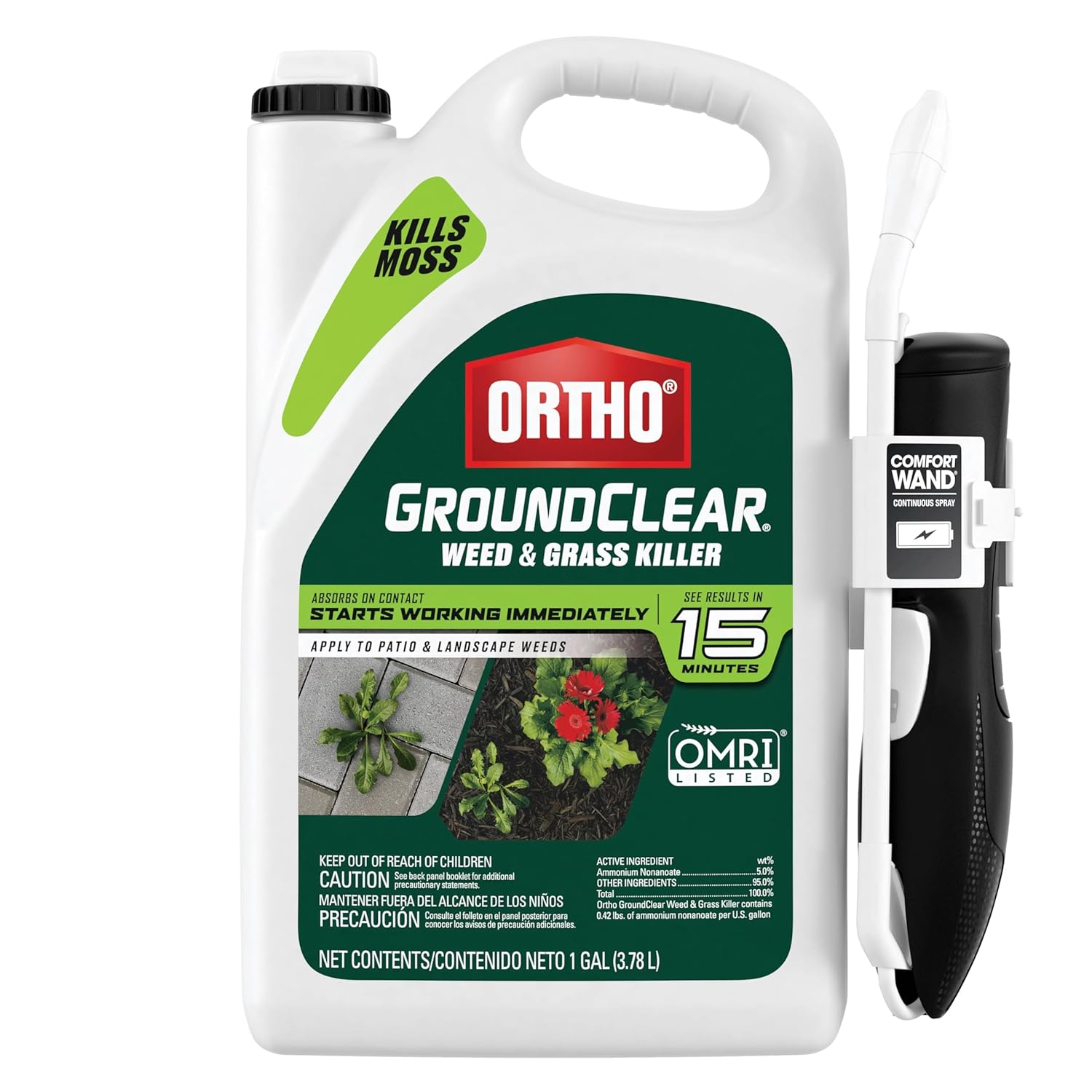 Ortho GroundClear Weed & Grass Killer with Comfort Wand, 1 gal| Kills Dandelions, Chickweed, Crabgrass, Moss & More, OMRI Listed, Ready-to-Use Grass and Weed Killer Spray