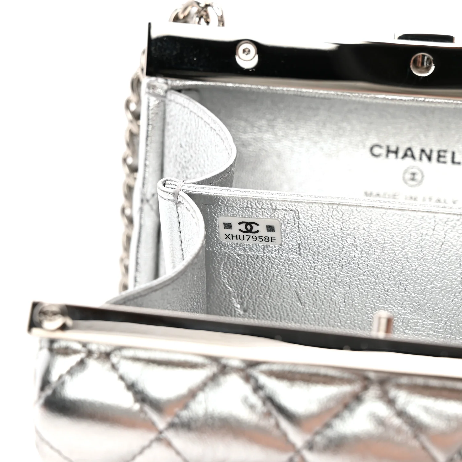 Metallic Calfskin Quilted Box Crossbody Silver