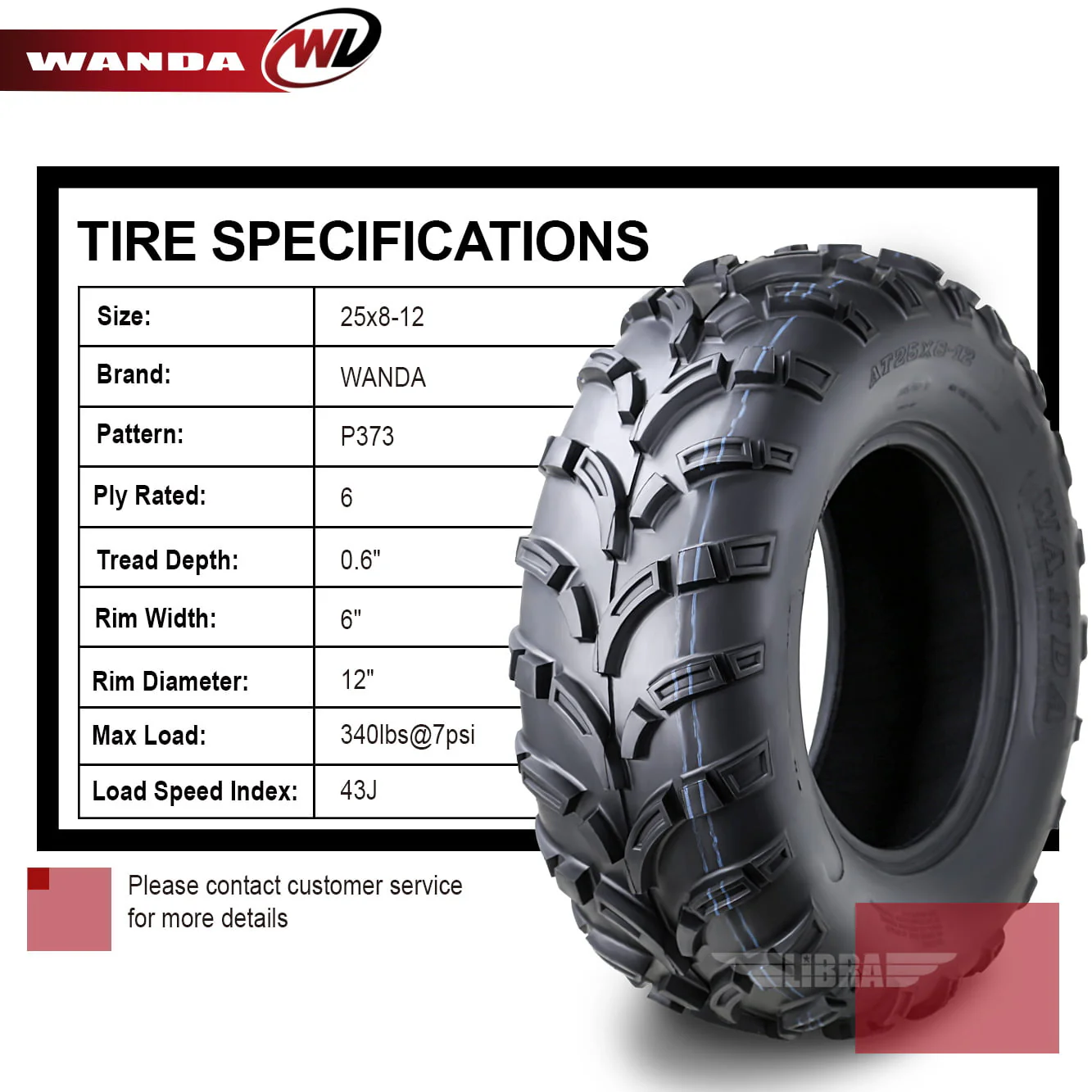 Wanda ATV/UTV Tires 25x8 - 12 25x8x12 /6PR P373 - 10243, Set 2