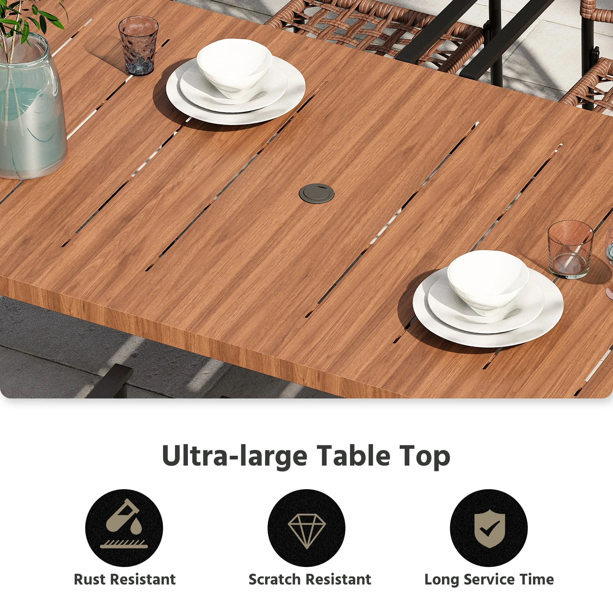 LAUSAINT HOME 7-Piece Outdoor Patio Dining Set, Rattan Chair and Wood-Grain Table, All-Weather Furniture for Garden or Backyard