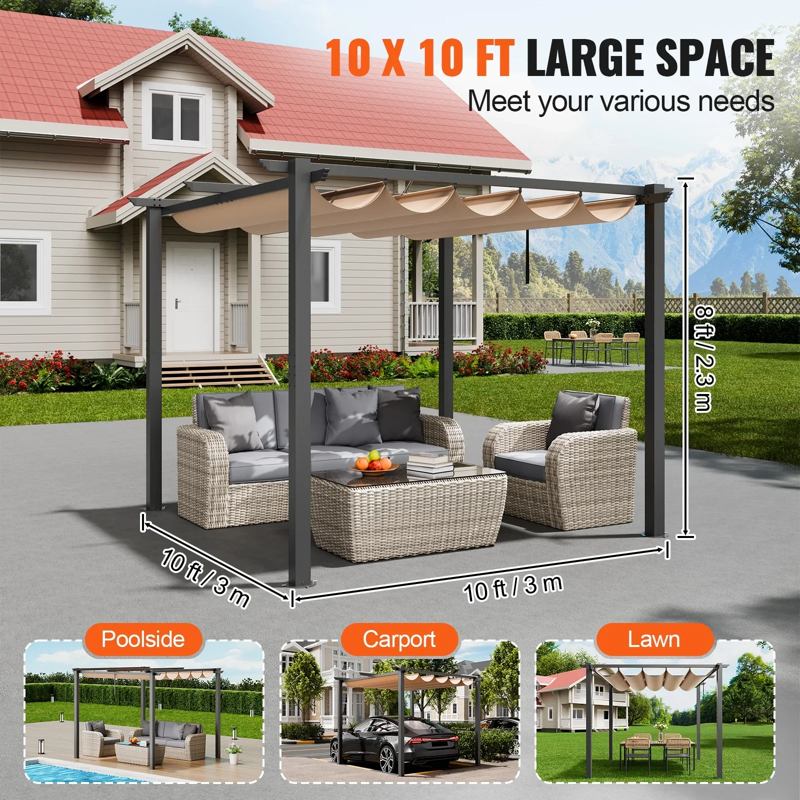 KFFKFF 10'x10' Aluminum Pergola, Outdoor with Sun Shade Canopy, Retractable Cover for Patio, Garden, Deck, Backyard - Beige
