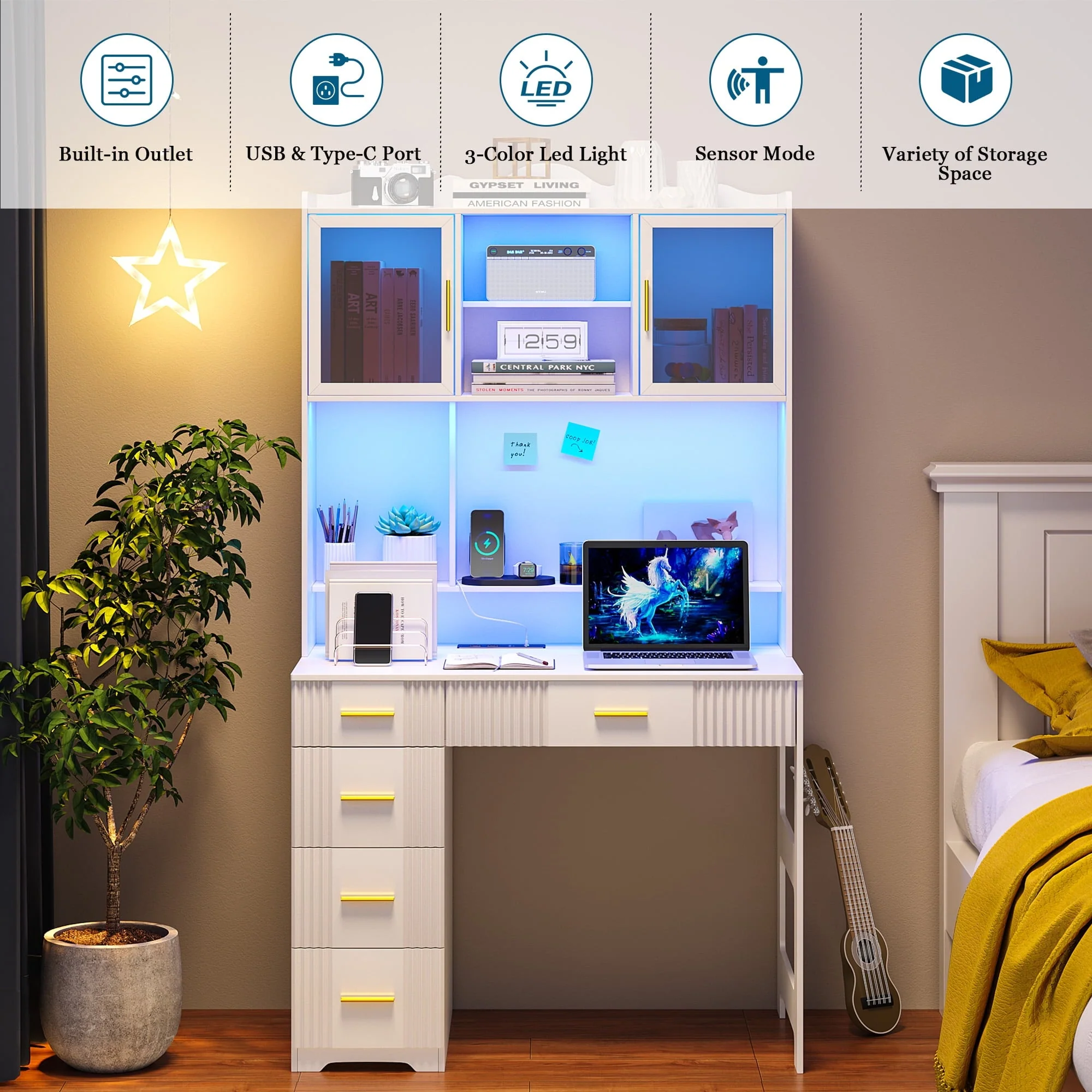 LED Study Desk with Hutch and Drawer, Home Office Desk with Outlet, Computer Desk with Charging Station, Writing Desk for Bedroom, Workstation for Small Space(White) Image 7
