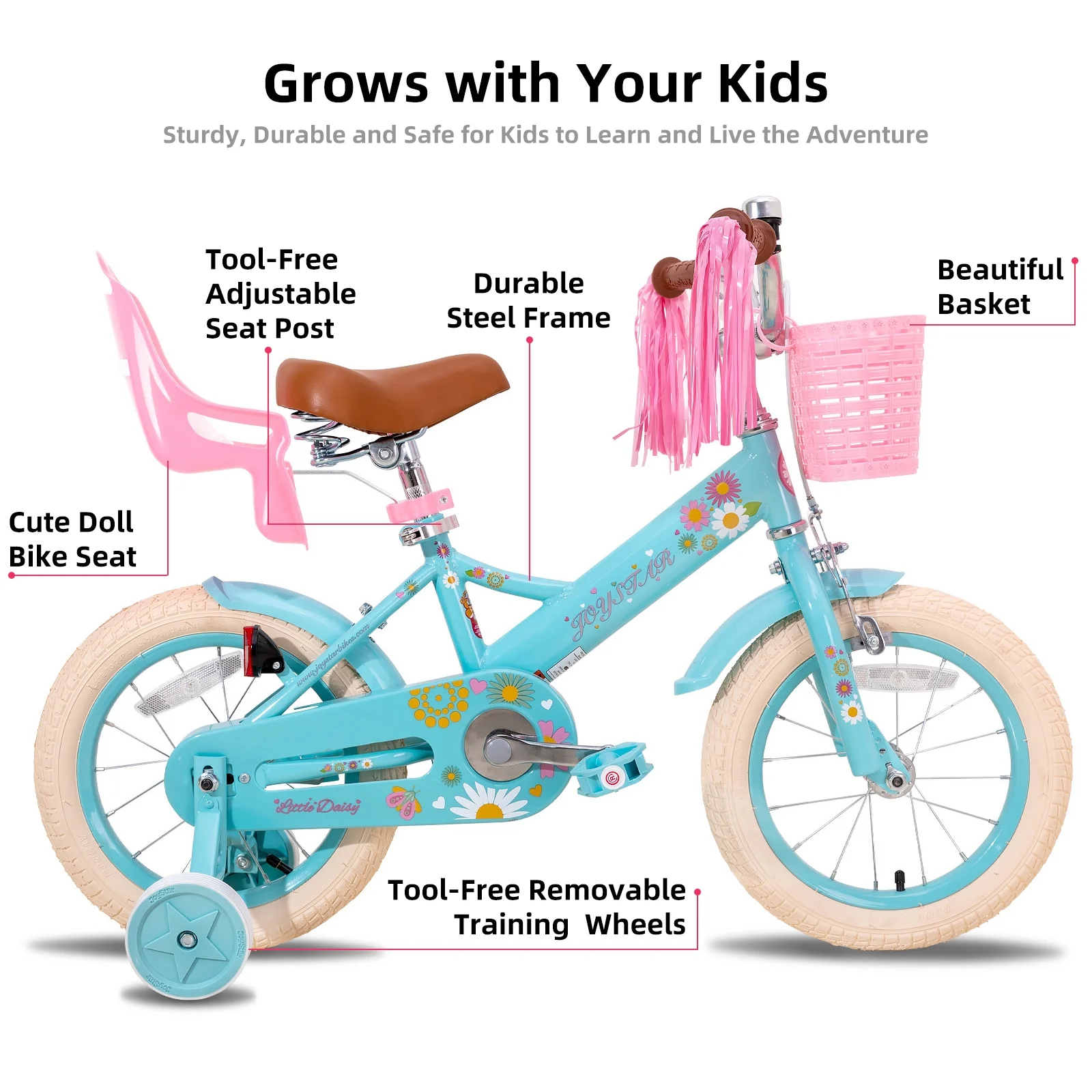 Little Daisy 14 Inch Kids Bike for 3 4 5 Years Girls with Handbrake Children Princess Bicycle with Training Wheels Basket Streamer Toddler Cycle Bikes Blue(Blue/14") - Image 2