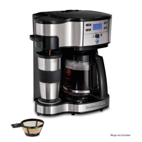 Cafetière Hamilton Beach 2-en-1 49980A, cafetière à une tasse et verseuse de 12 tasses, acier inoxydable, programmable