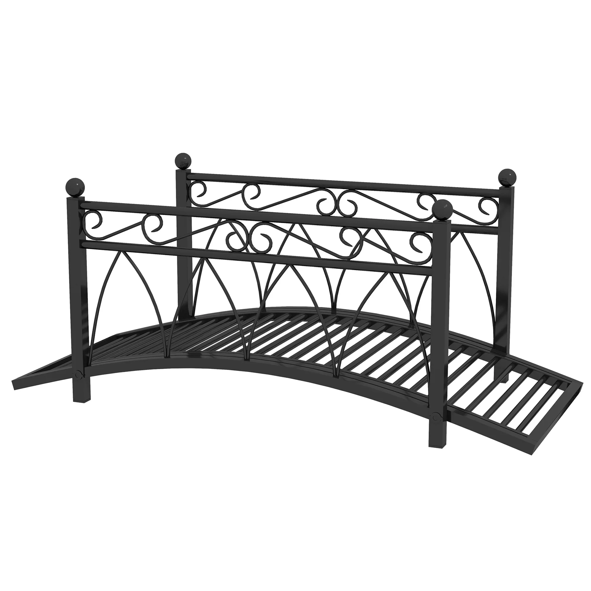 Outsunny 3.3' Metal Arch Zen Garden Bridge with Safety Siderails, Decorative Footbridge, Delicate Scrollwork & Corner Spheres for Stream, Black