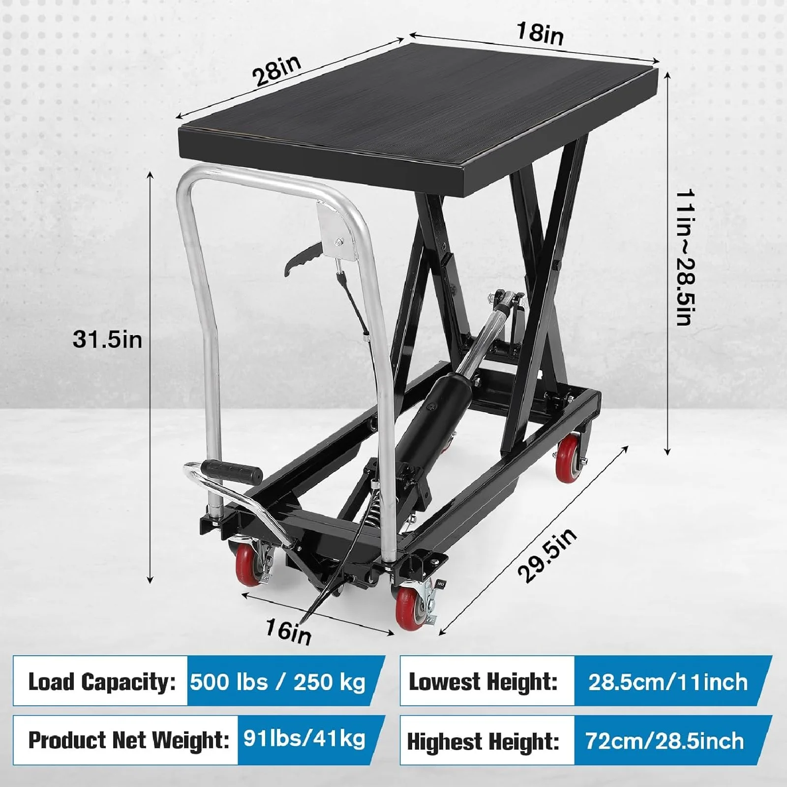 M optimized Hydraulic Lift Table, 500 Lbs Capacity Hydraulic Table Cart, Single Scissor Lift Cart 28.5 Inch Lifting Height with 4 Wheels and Non-Slip Pad for Material Handling, Black(500 lb/Black) - Image 7