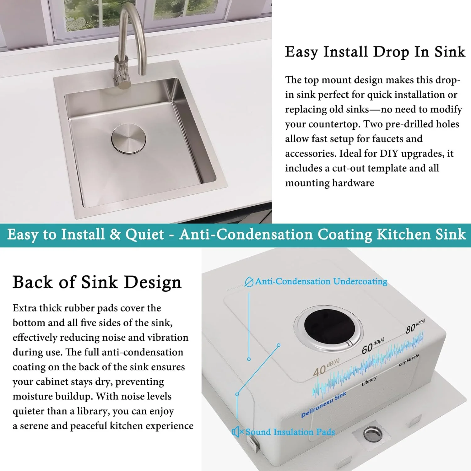 17 Inch Bar Sink Drop In �C Small Kitchen Sink, Modern 18 Gauge Stainless Steel sink with Brushed Finish, 17"x19"x6" Single Bowl kitchen Sinks for RV, Prep, and Outdoor Use - Image 4