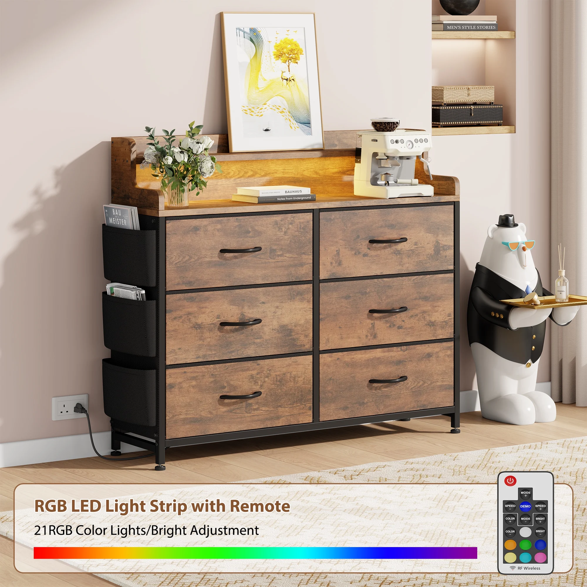 Laintene Dresser for Bedroom, 6 Drawer Dresser with LED Lights and Charging Station, Wide Chest of 6 Drawers with Open Space, Modern Large Capacity Storage Cabinet, Living Room, Hallway