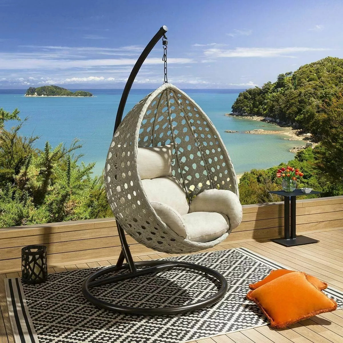 Chaises suspendues d'extérieur extra larges de luxe avec table en corde grise