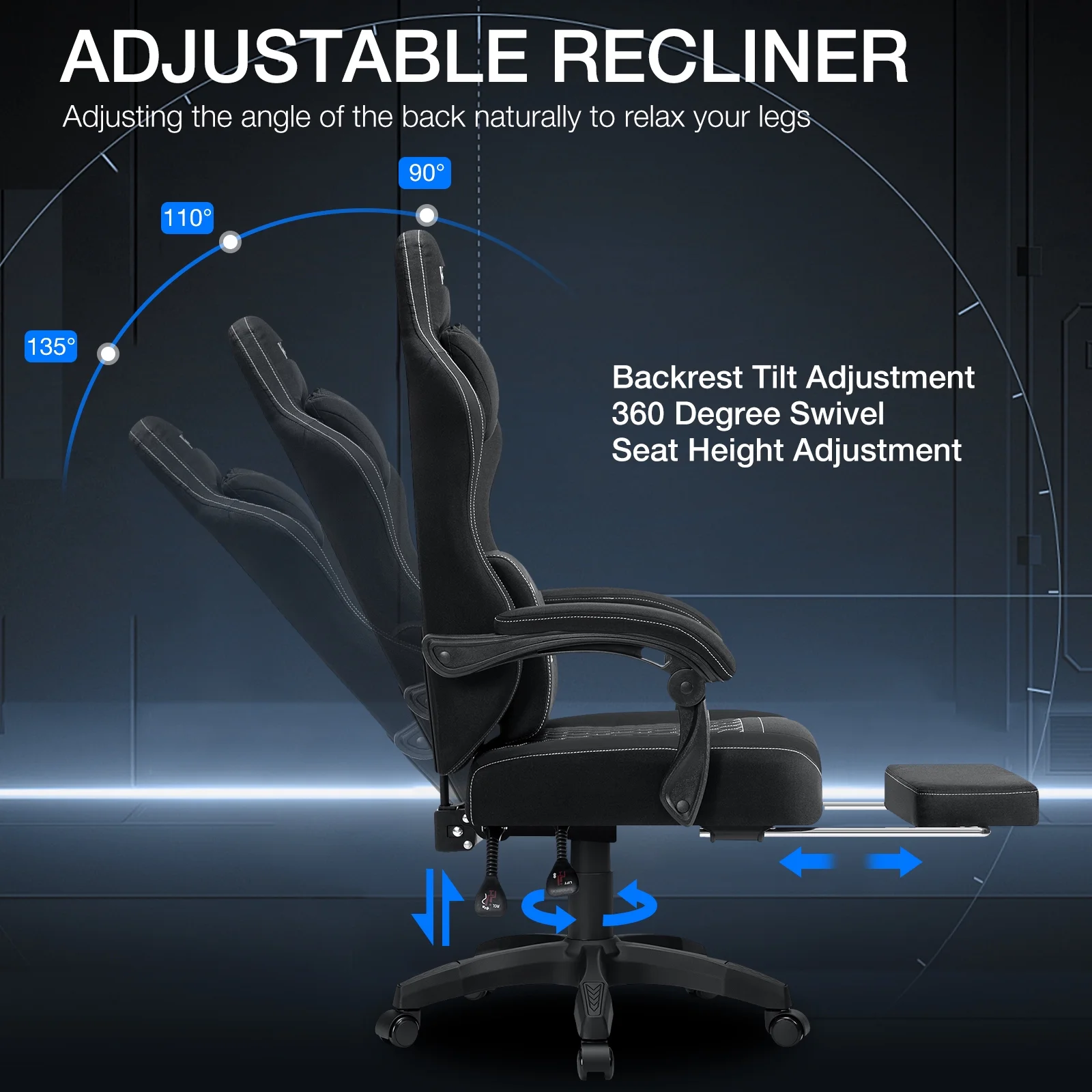 Gaming Chair with Massage Fabric Office Chair with footrest for Adults, Ergonomic Gamer Chair with Headrest and Lumbar Support for Office Gaming, 440 LBS(Black) - Image 2