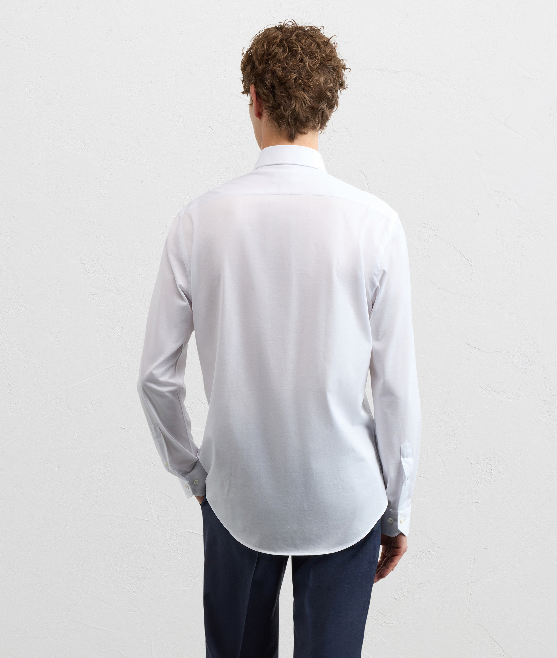 WHITE COTTON JERSEY SHIRT WITH MEDIUM MILANO COLLAR AND SOFT CONSTRUCTION