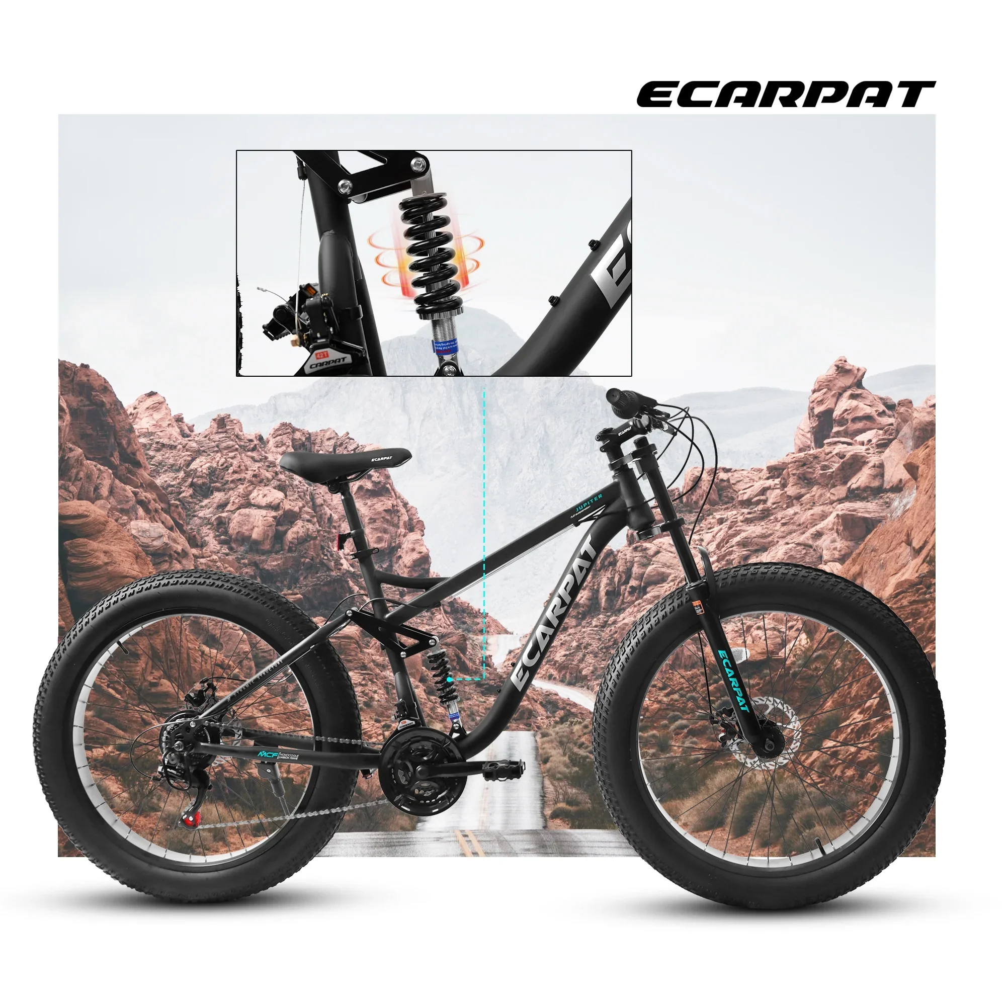 26 in Men's Fat Tire Bike,Shimano 21-Speed,Full Suspension Mountain Bike,Black