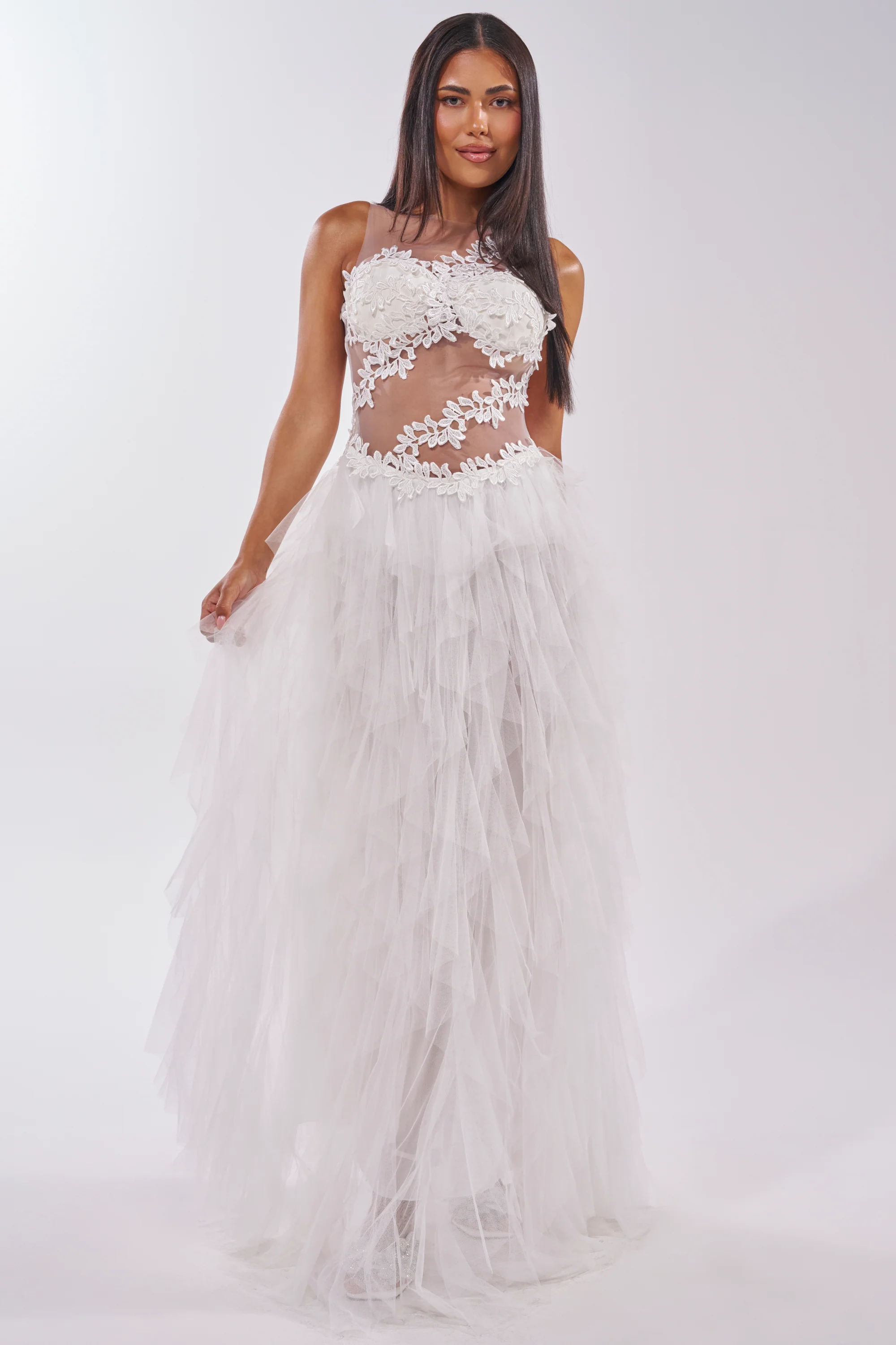 FELT CUTE RUFFLE MAXI DRESS WITH FLORAL APPLIQUES - Akira Store