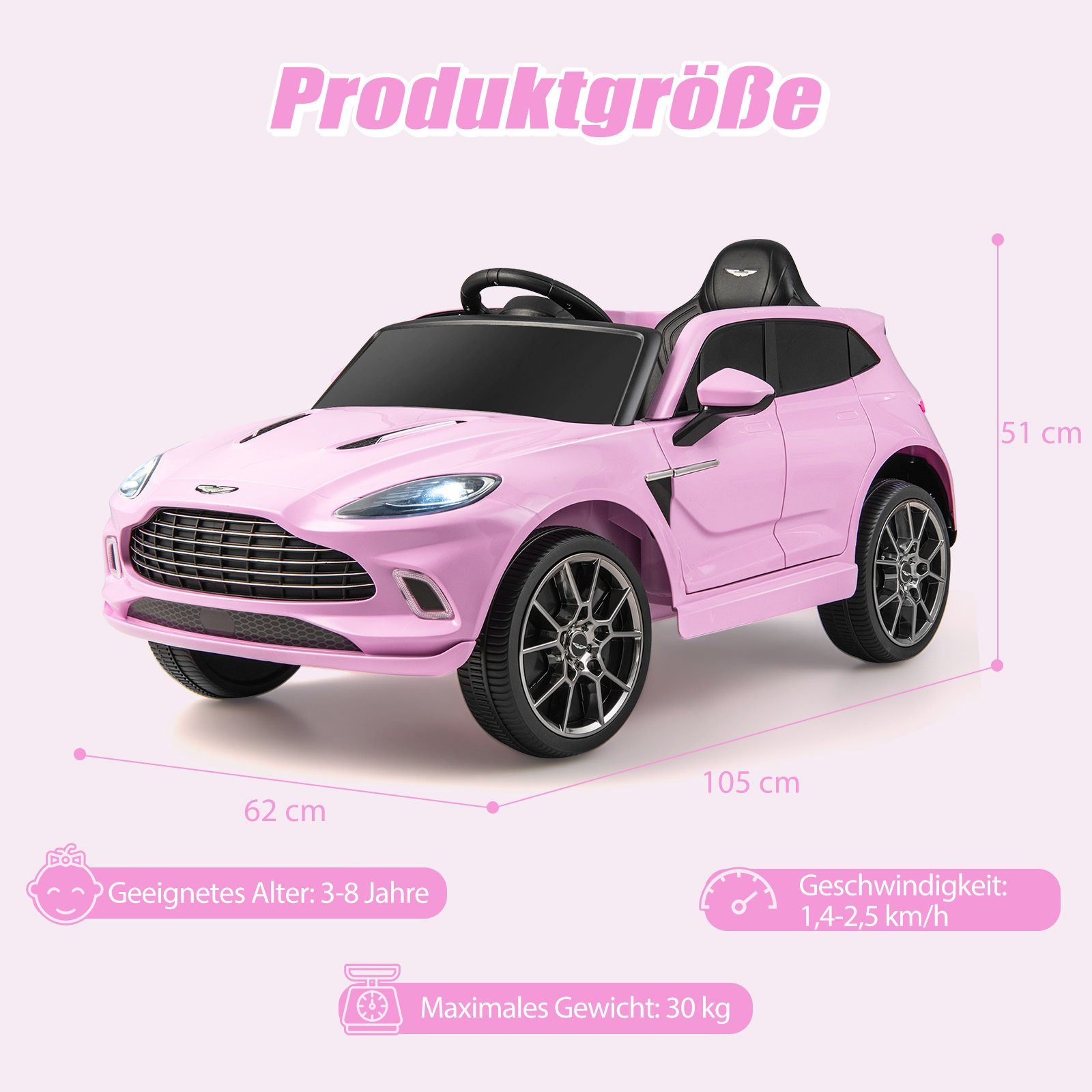 COSTWAY Elektro-Kinderauto 12V Aston Martin, avec lampes de sécurité et LED