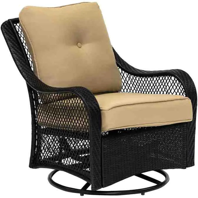 Ensemble de conversation 5 pièces en acier avec foyer extérieur, coussins bleu marine, fauteuils pivotants et table de foyer carrée (collection 2025).