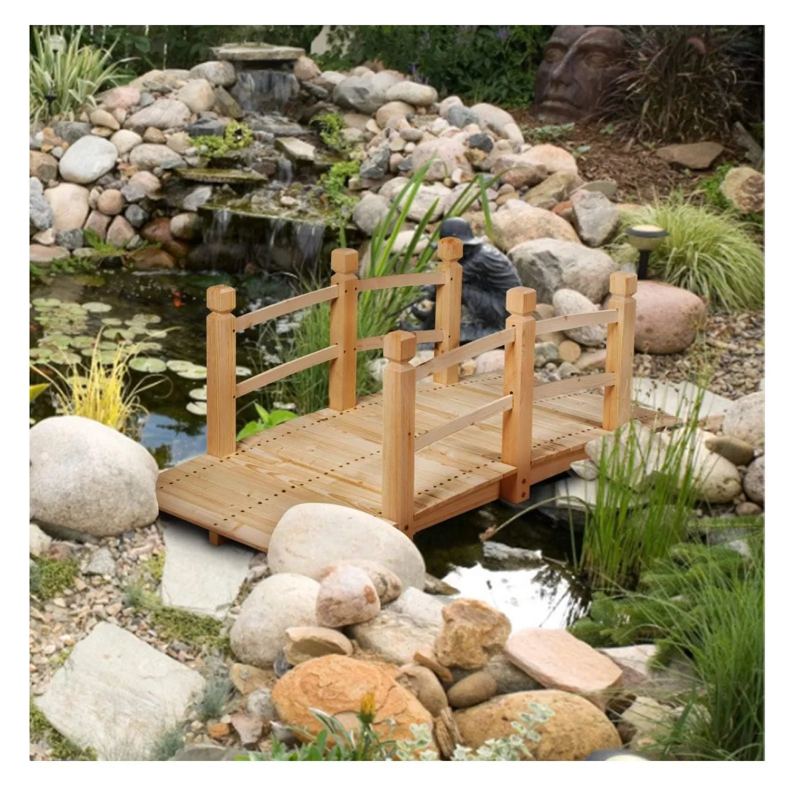 Garden Bridge, 5FT Wooden Arc Footbridge for Outdoors with Safety Guardrails, Decorative Landscaping for Garden Yard Walkway Creek Farm, 400 LBS Capacity (Natural Finished)