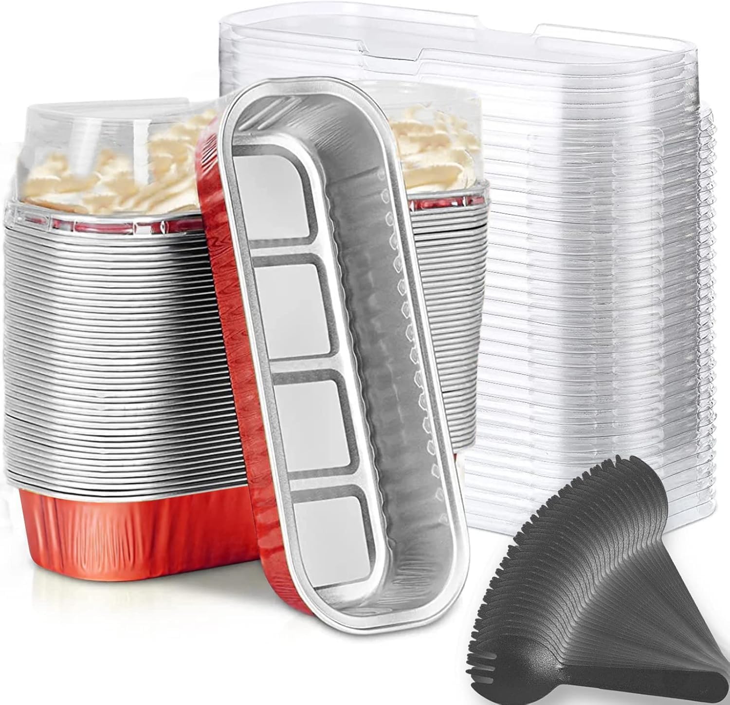 Findful Mini Loaf Baking Pans with Lids and Spoons (50 Pack, 6.8oz) Rectangular Aluminum Foil Baking Pans Tins Containers - Cupcake Containers Wrappers Cheesecake Creme Brulee Ramekins