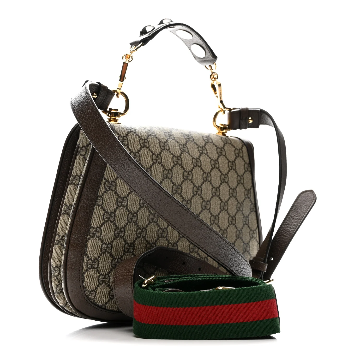 GG Supreme Monogram Textured Dollar Calfskin Web Medium Blondie Top Handle Shoulder Flap Bag Beige Ebony New Acero
